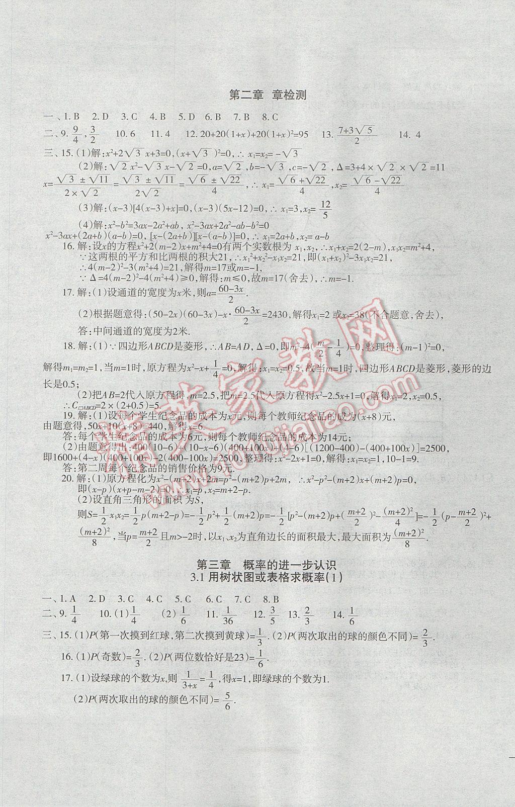 2017年樹人練案九年級數學全一冊北師大版 參考答案第13頁