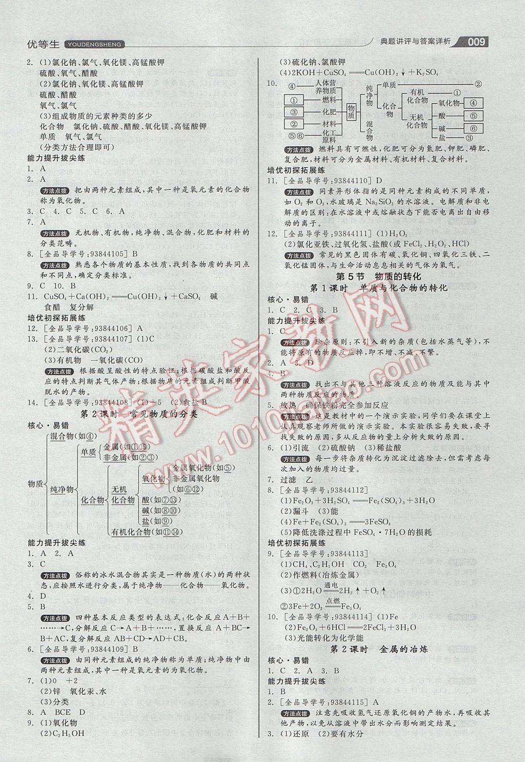 2017年全品优等生九年级科学上下册合订本浙教版 参考答案第9页