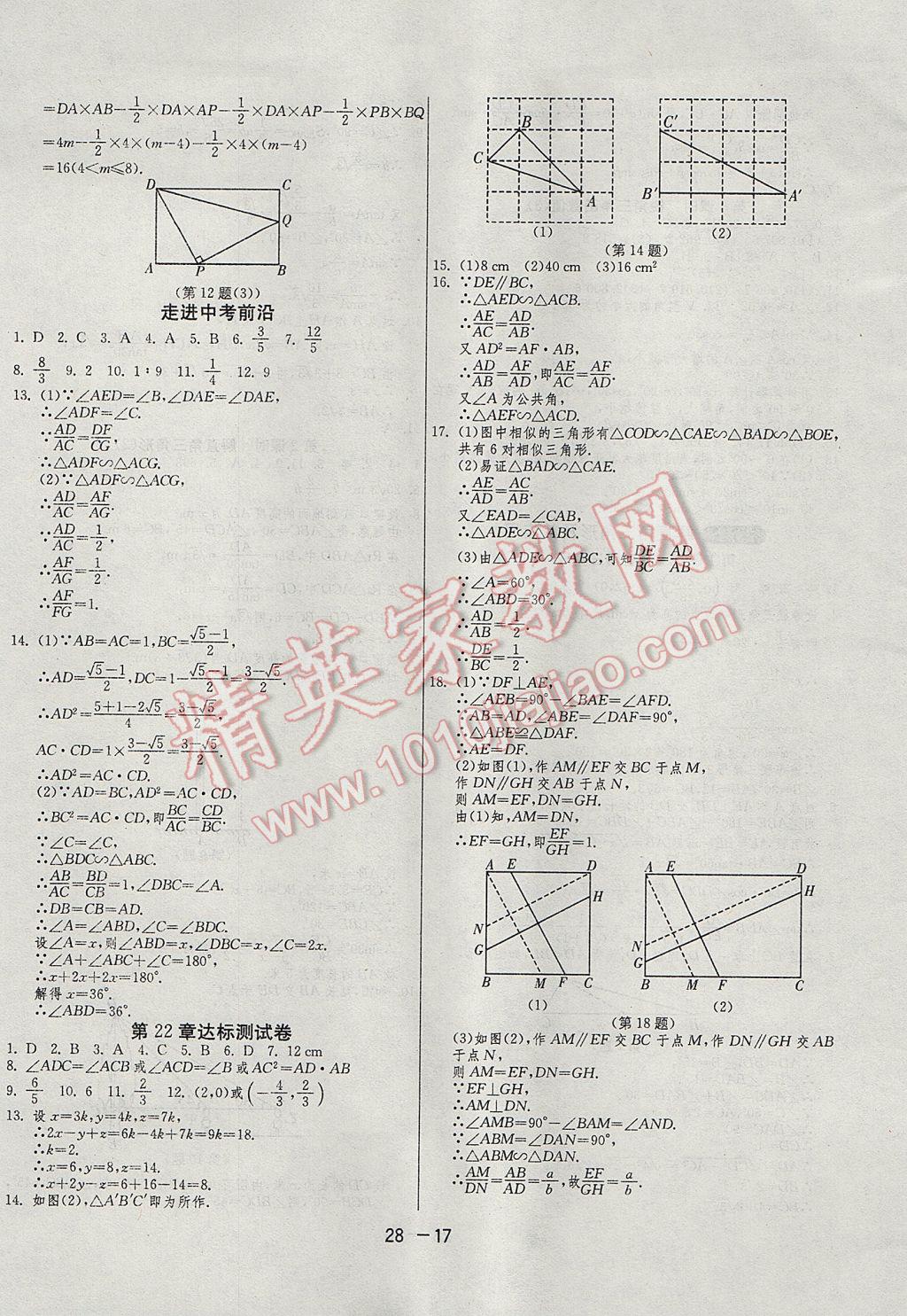 2017年1课3练单元达标测试九年级数学上册沪科版 参考答案第17页