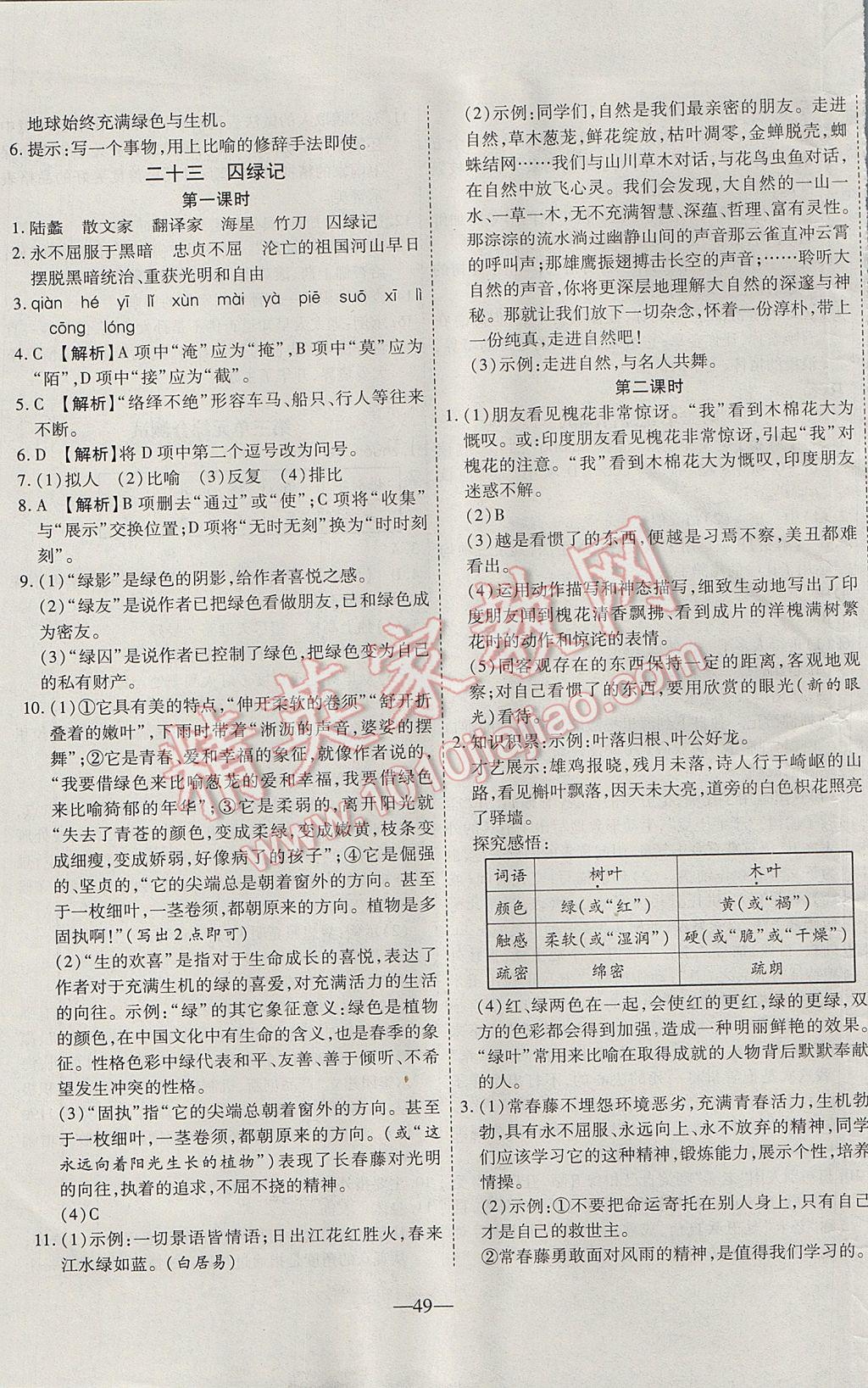 2017年新课程成长资源课时精练九年级语文上册苏教版 参考答案第17页