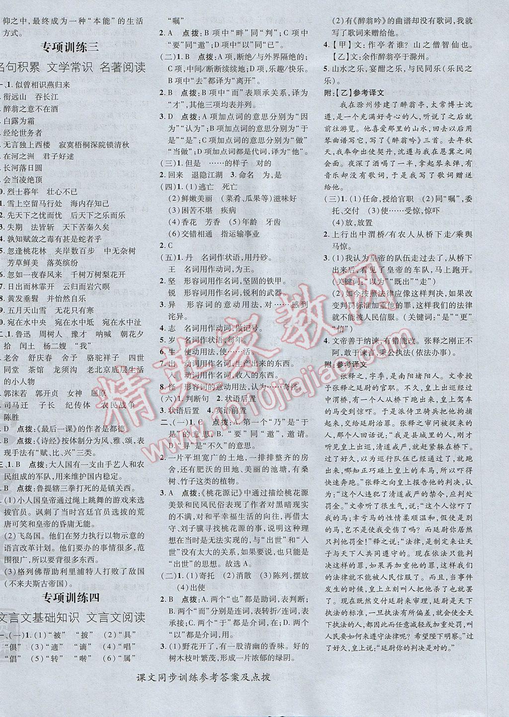 2017年点拨训练九年级语文上册苏教版 参考答案第24页