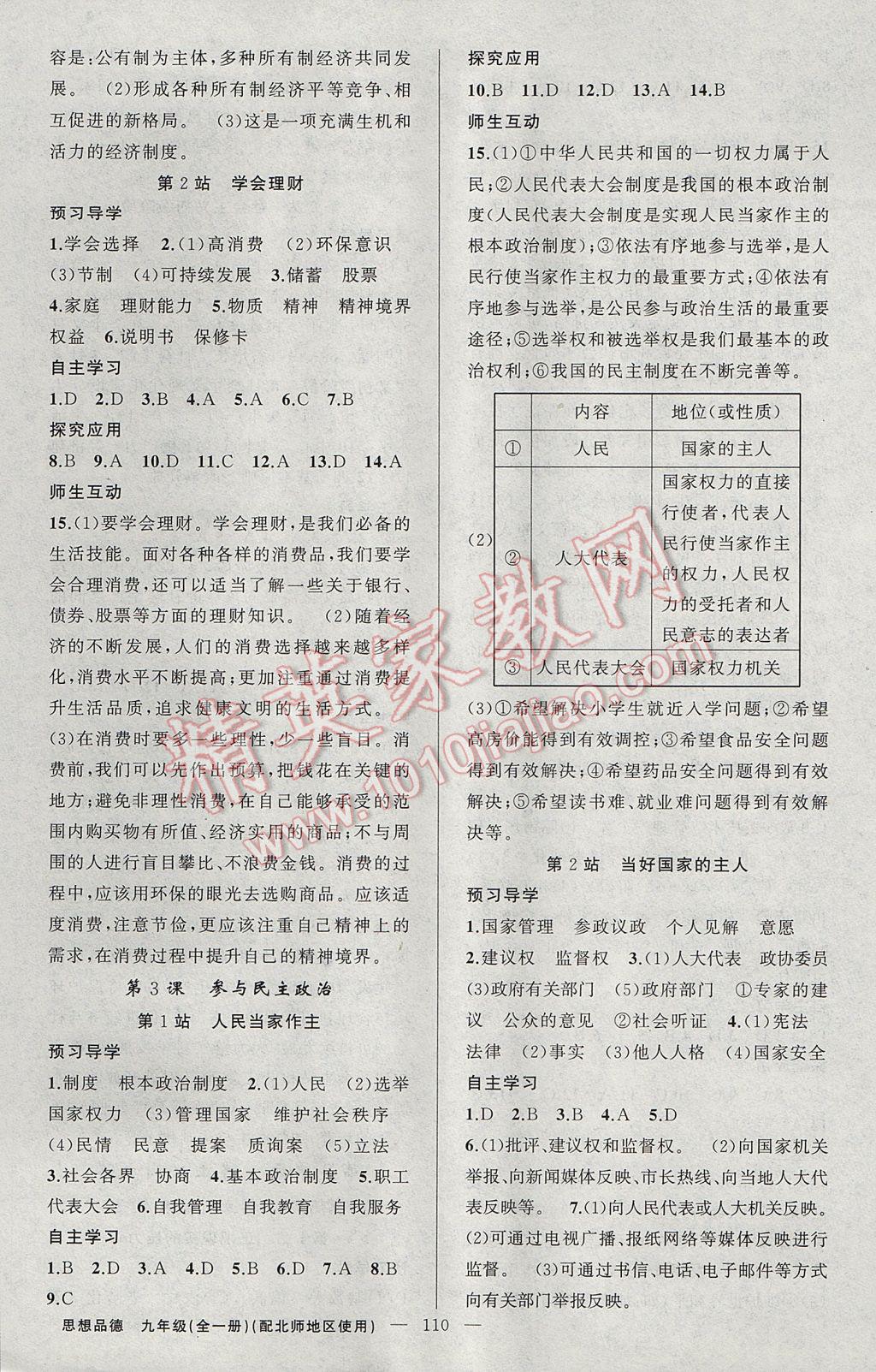 2017年原創(chuàng)新課堂九年級思想品德全一冊北師大版 參考答案第2頁