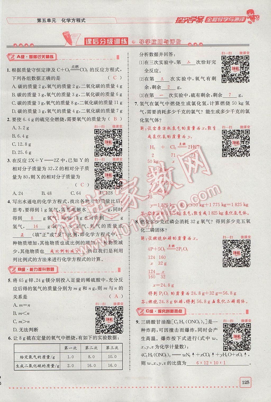 2017年探究學(xué)案全程導(dǎo)學(xué)與測評九年級化學(xué)上冊人教版 第五單元 化學(xué)方程式第119頁