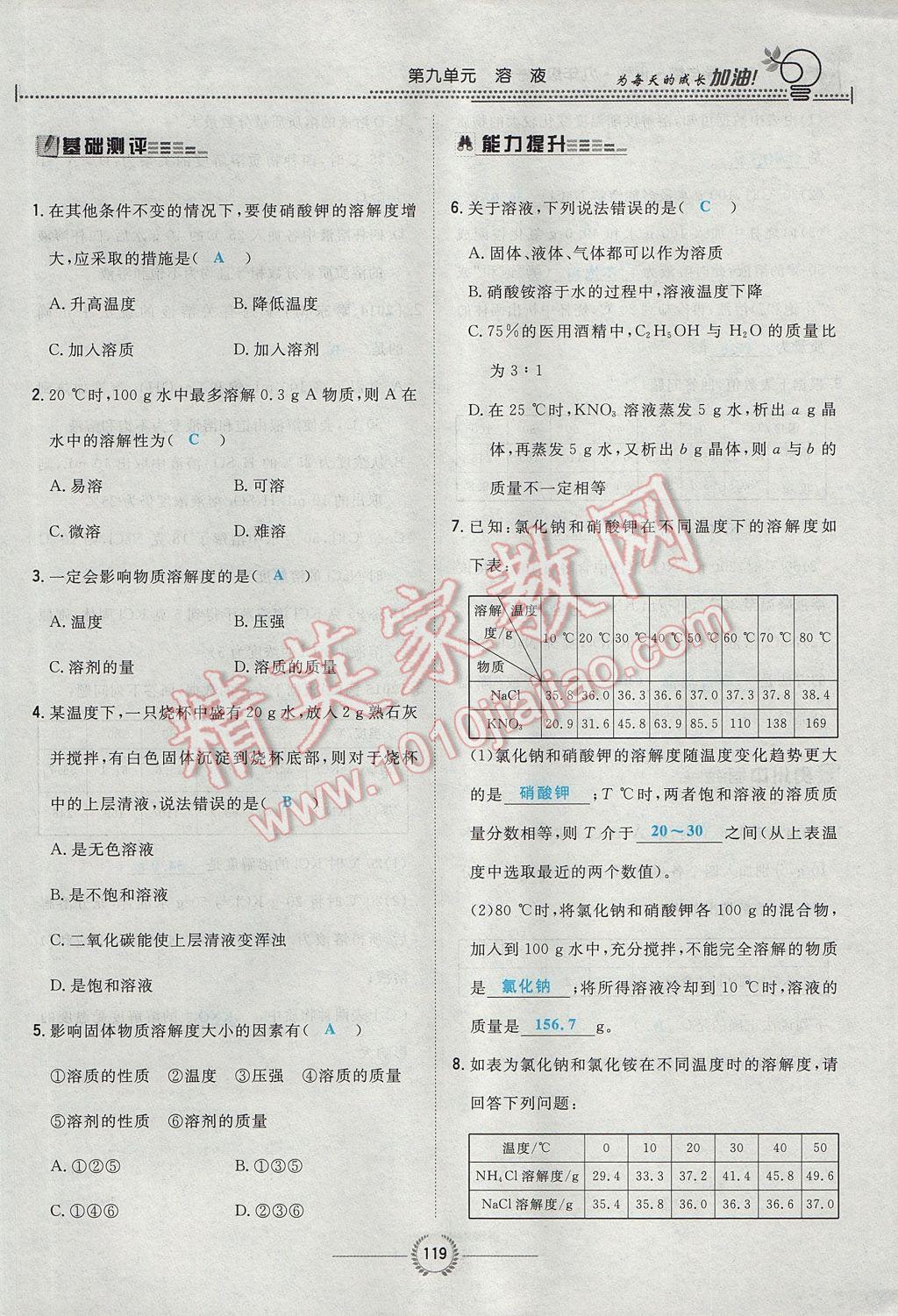 2017年贵阳初中同步导与练九年级化学全一册 第九单元 溶液第100页