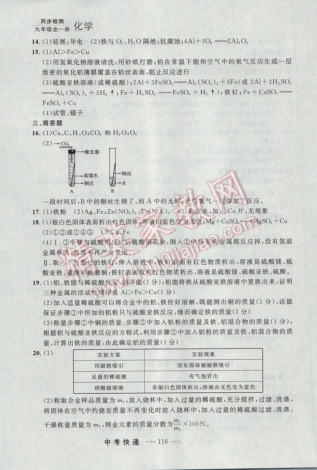 2017年中考快递同步检测九年级化学全一册人教版大连专用 参考答案第28页