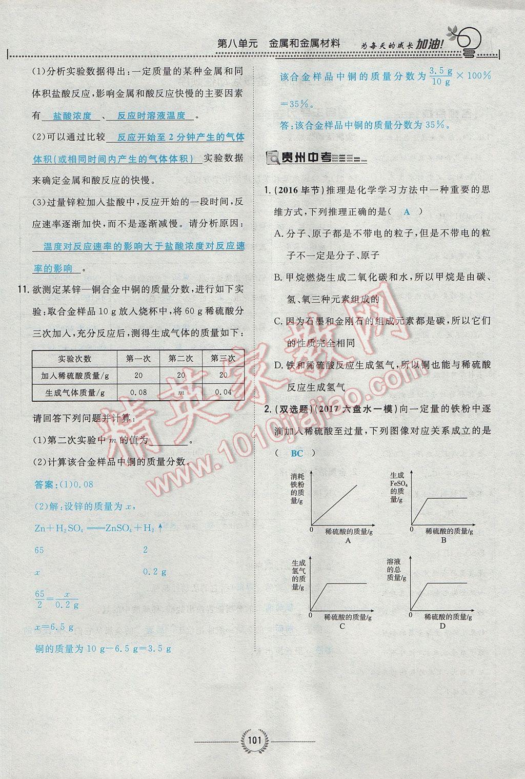 2017年贵阳初中同步导与练九年级化学全一册 第八单元 金属和金属材料第147页