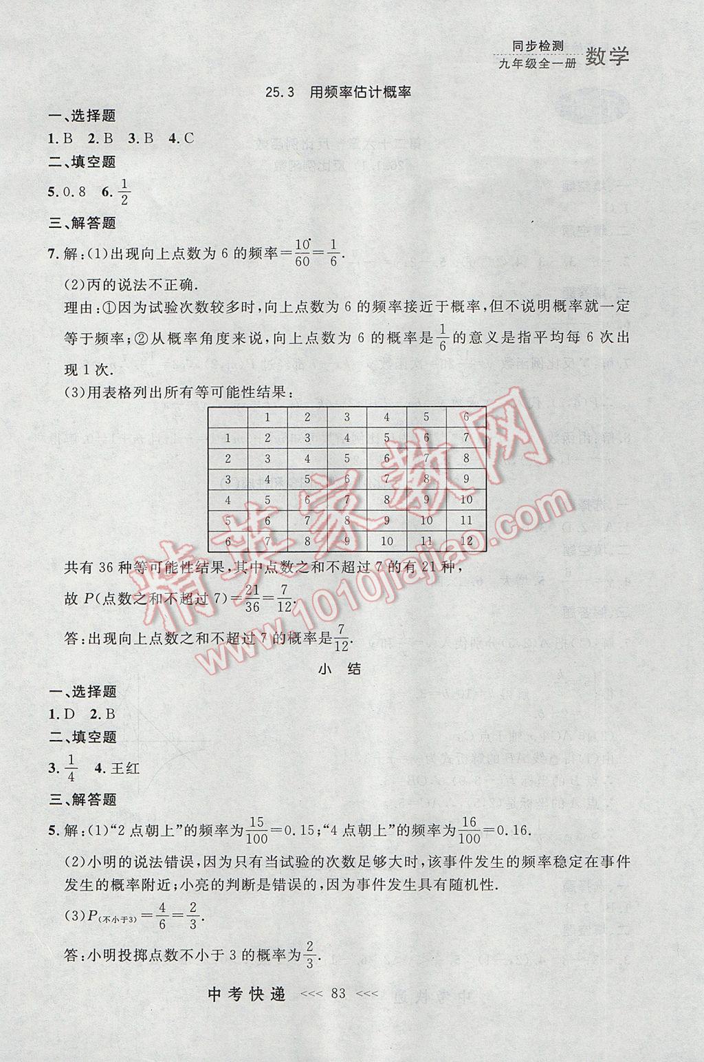 2017年中考快递同步检测九年级数学全一册人教版大连专用 参考答案第19页