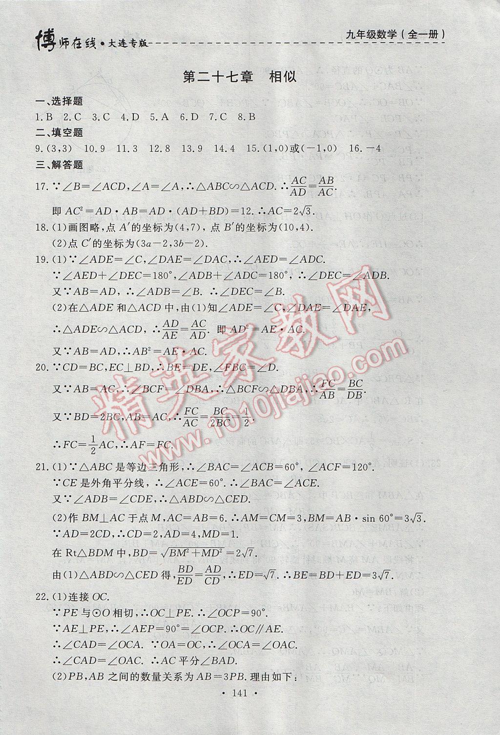 2017年博师在线九年级数学全一册大连专版 参考答案第53页