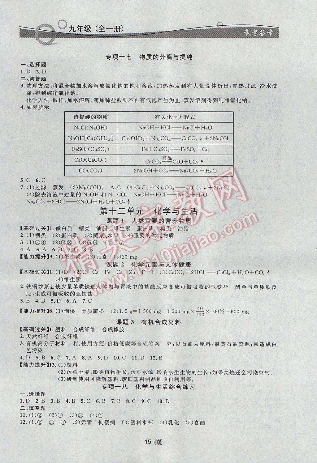 2017年点石成金金牌每课通九年级化学全一册人教版 参考答案第15页