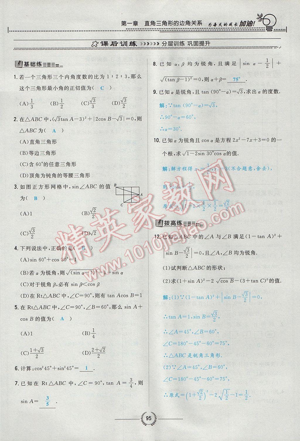 2017年贵阳初中同步导与练九年级数学全一册北师大版 九下第一章 直角三角形的边角关系第95页