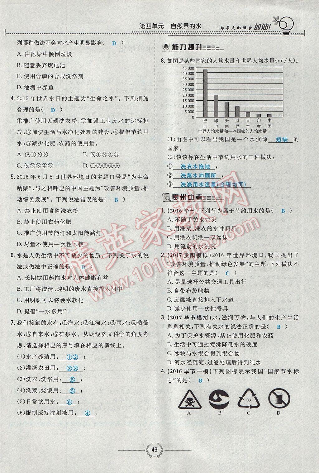 2017年贵阳初中同步导与练九年级化学全一册 第四单元 自然界的水第215页