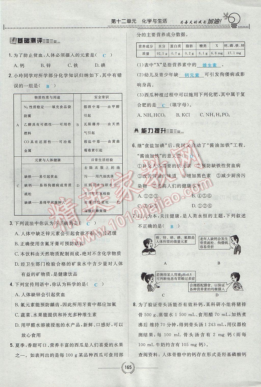 2017年贵阳初中同步导与练九年级化学全一册 第十二单元 化学与生活第192页