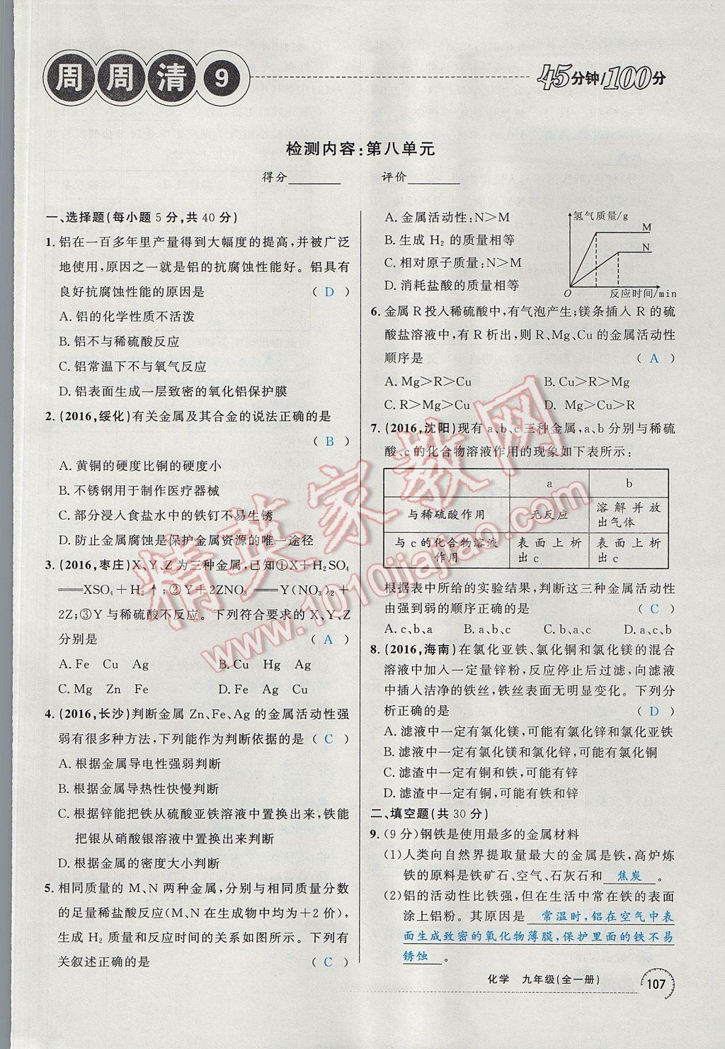 2017年四清導航九年級化學全一冊 第八單元 金屬和金屬材料第124頁