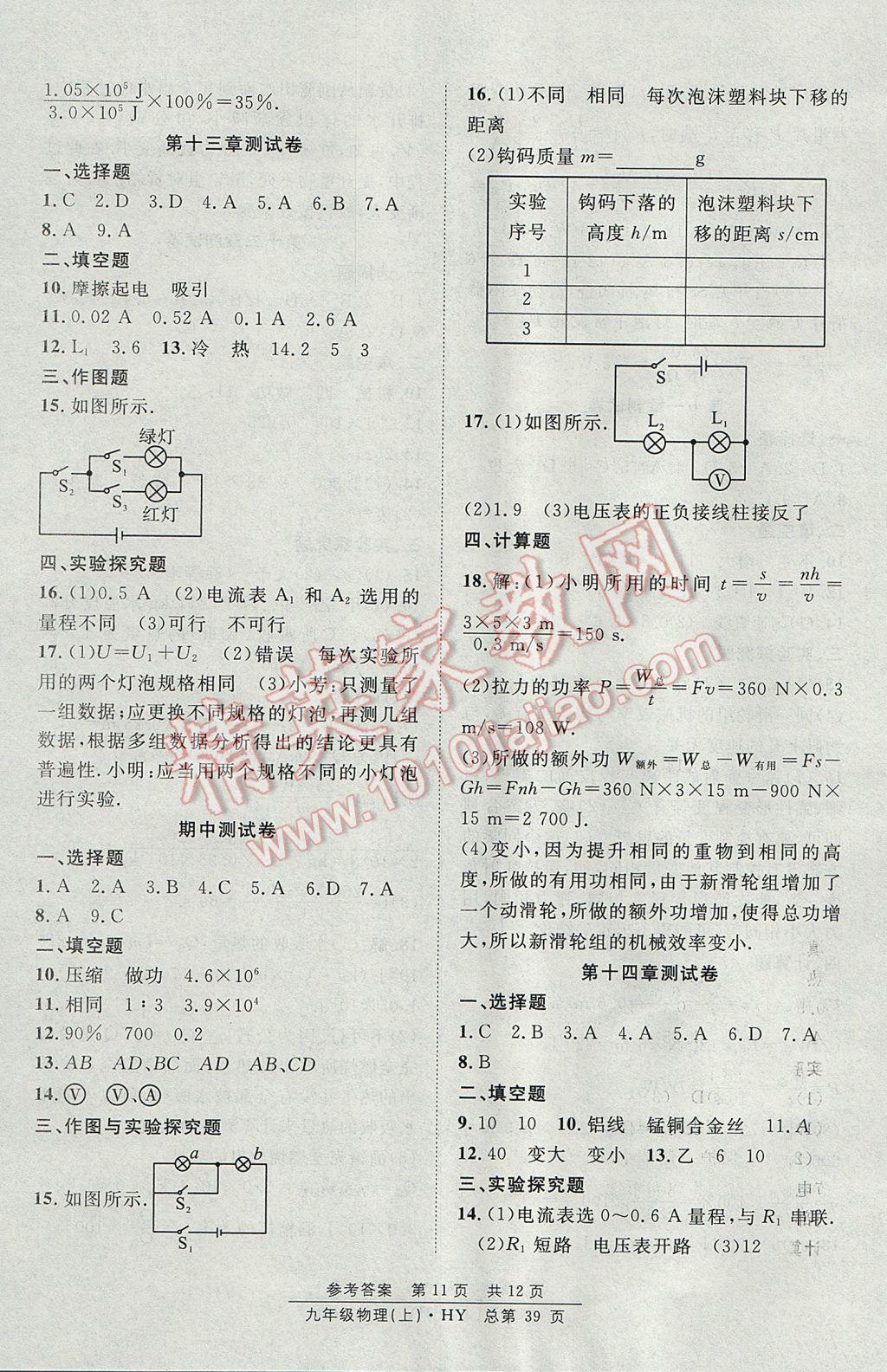 2017年原創(chuàng)課堂課時作業(yè)九年級物理上冊滬粵版 參考答案第11頁