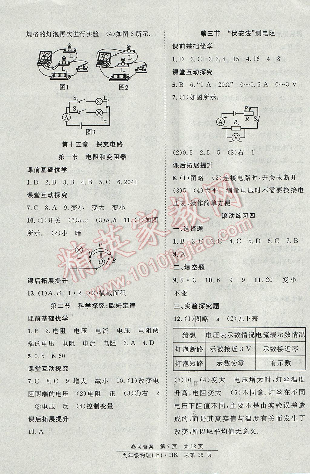 2017年原創(chuàng)課堂課時作業(yè)九年級物理上冊滬科版 參考答案第7頁