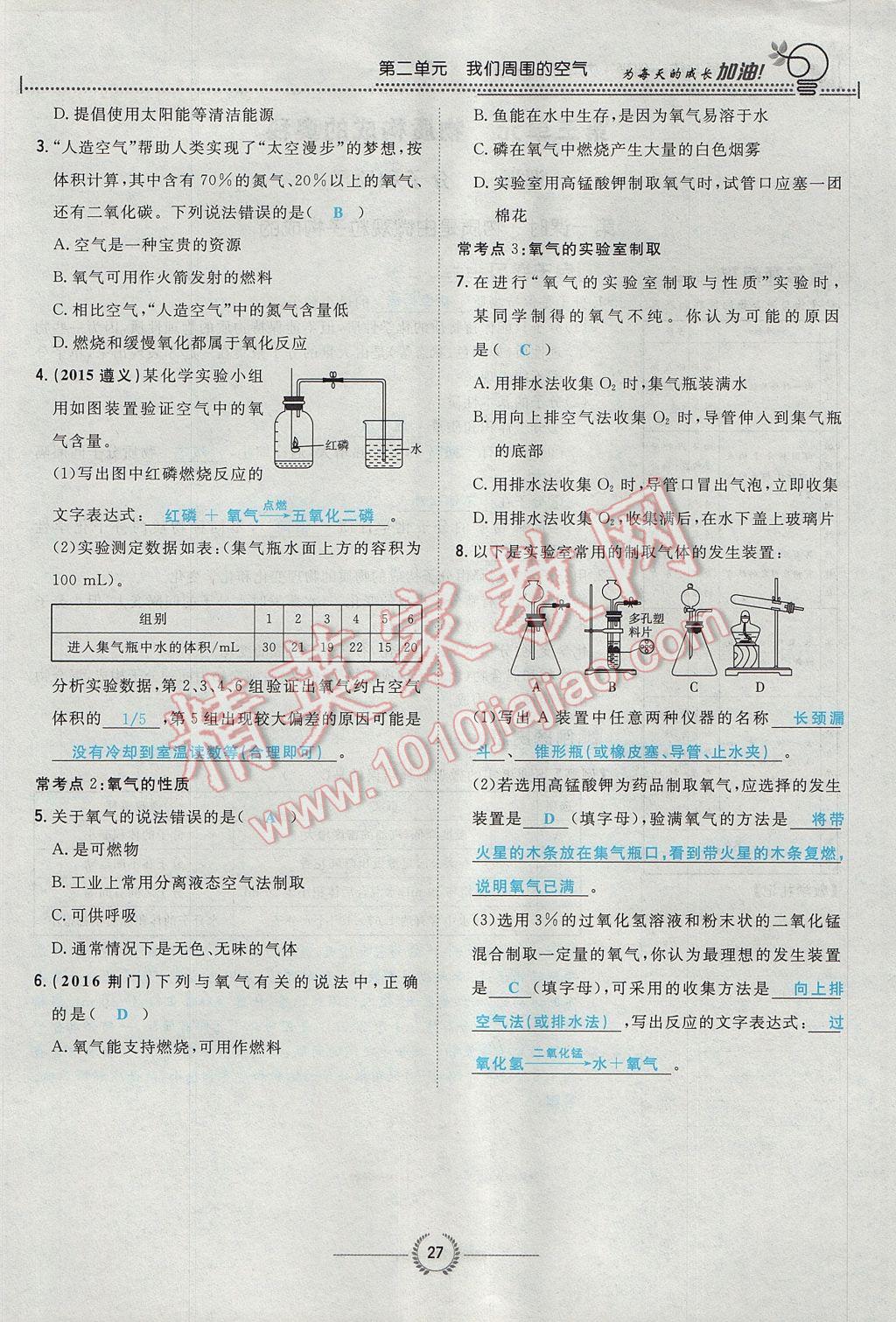 2017年贵阳初中同步导与练九年级化学全一册 第二单元 我们周围的空气第127页