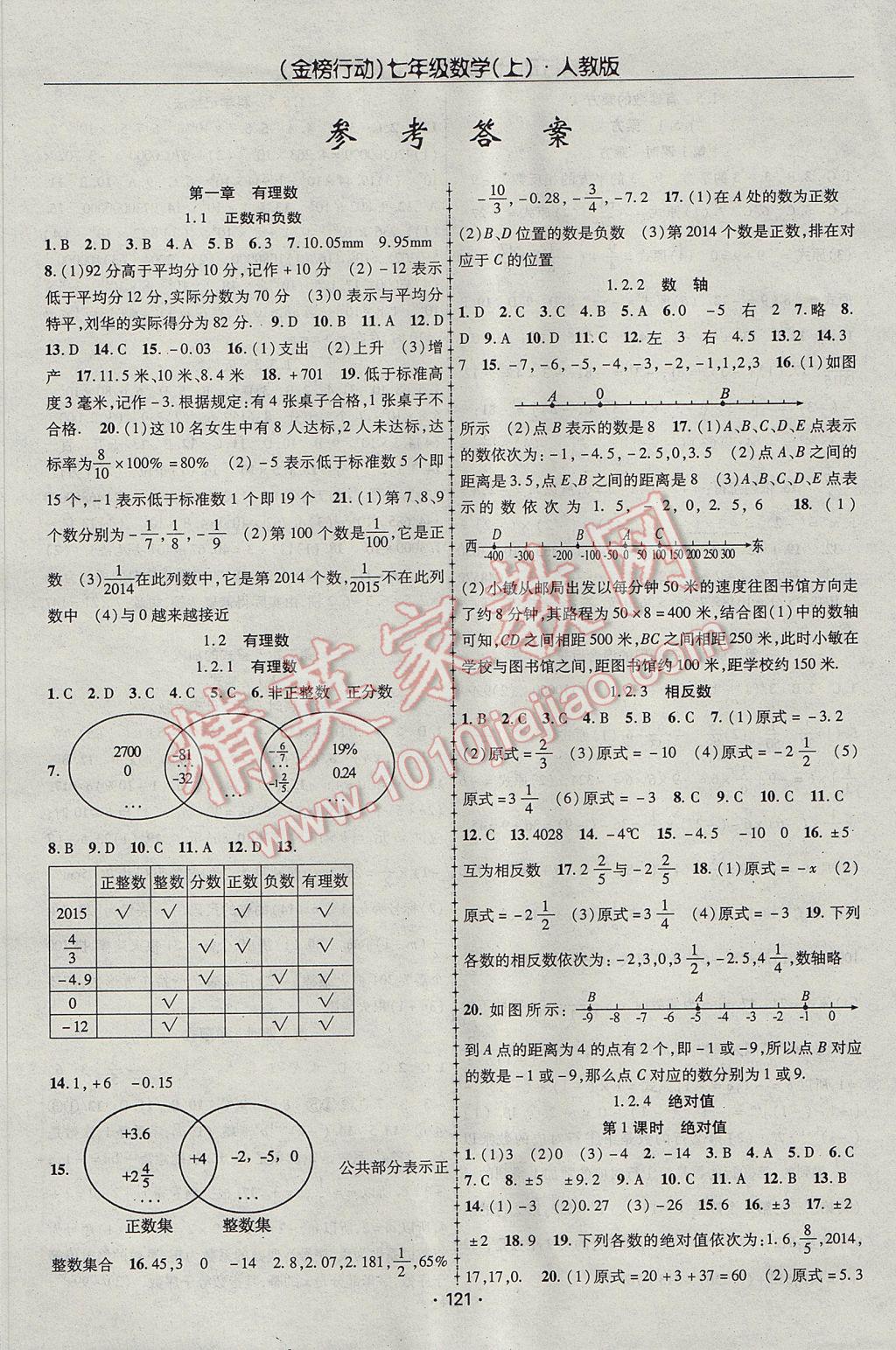 2017年金榜行动课时导学案七年级数学上册人教版 参考答案第1页