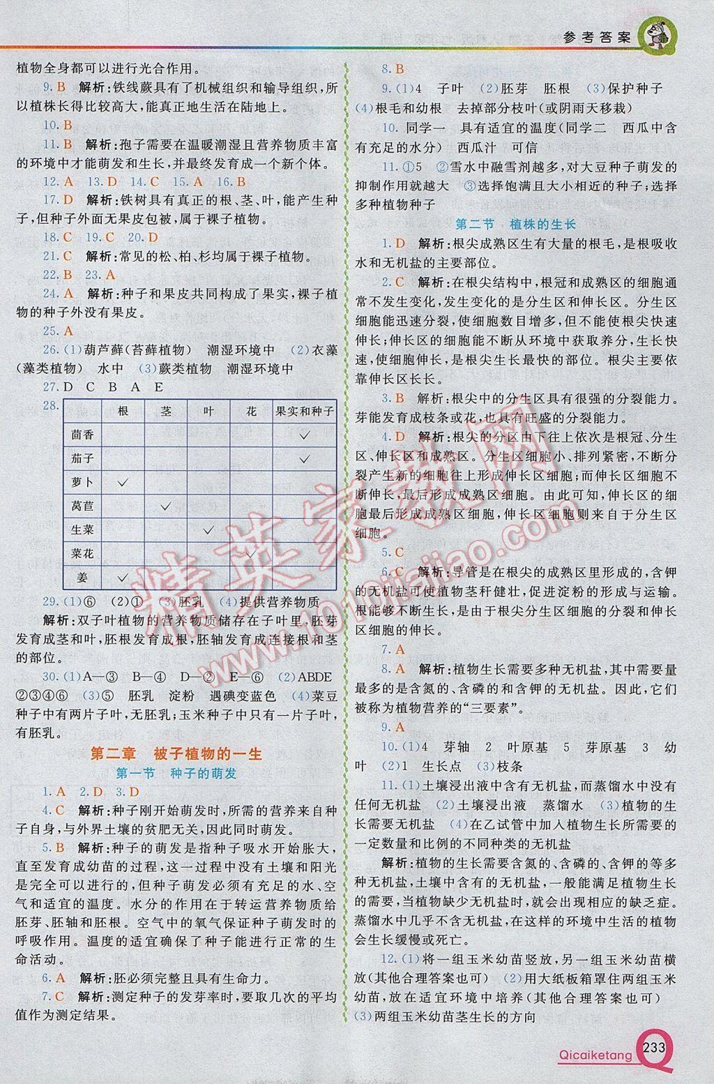 2017年初中一点通七彩课堂七年级生物上册人教版 参考答案第7页