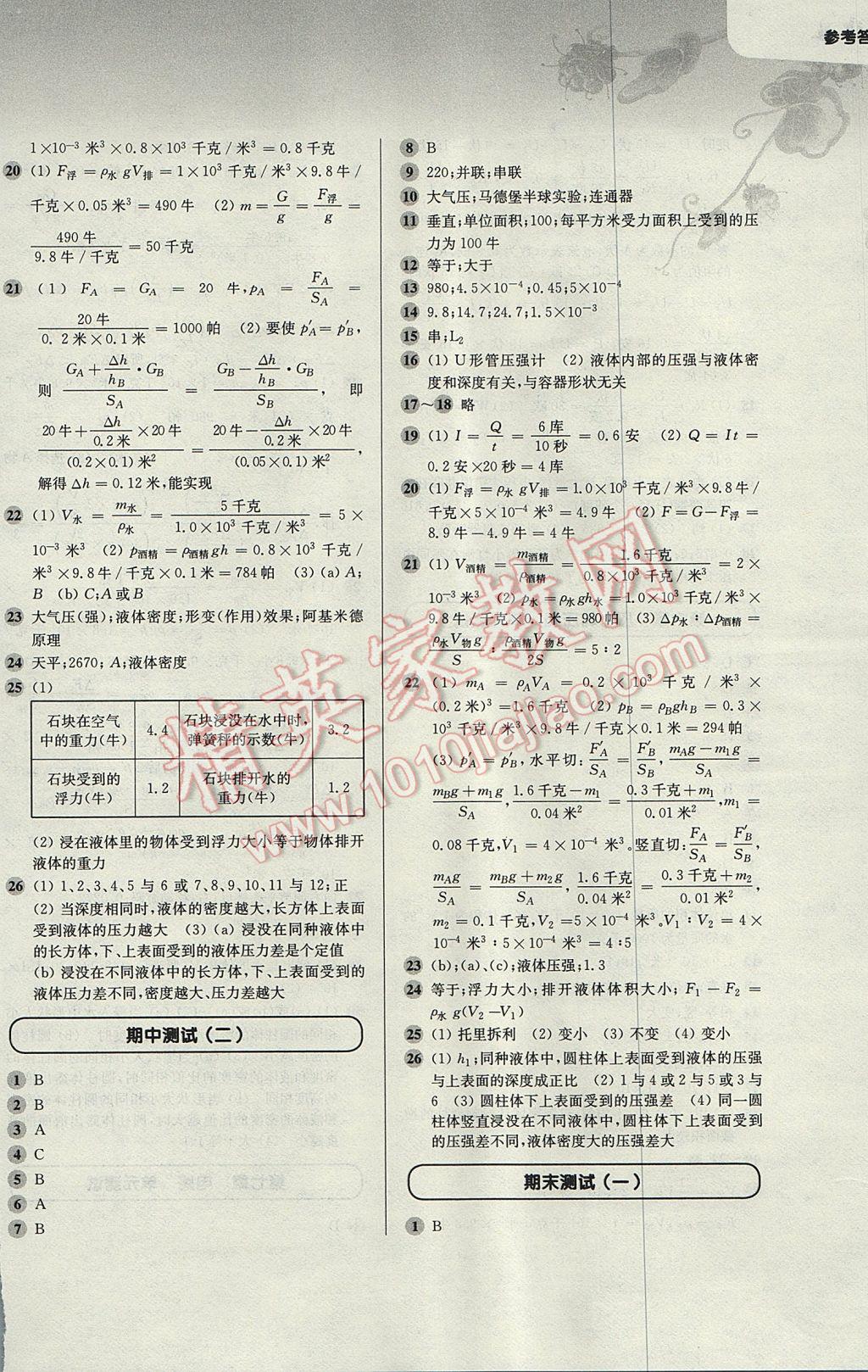 2017年第一作业九年级物理全一册 参考答案第26页