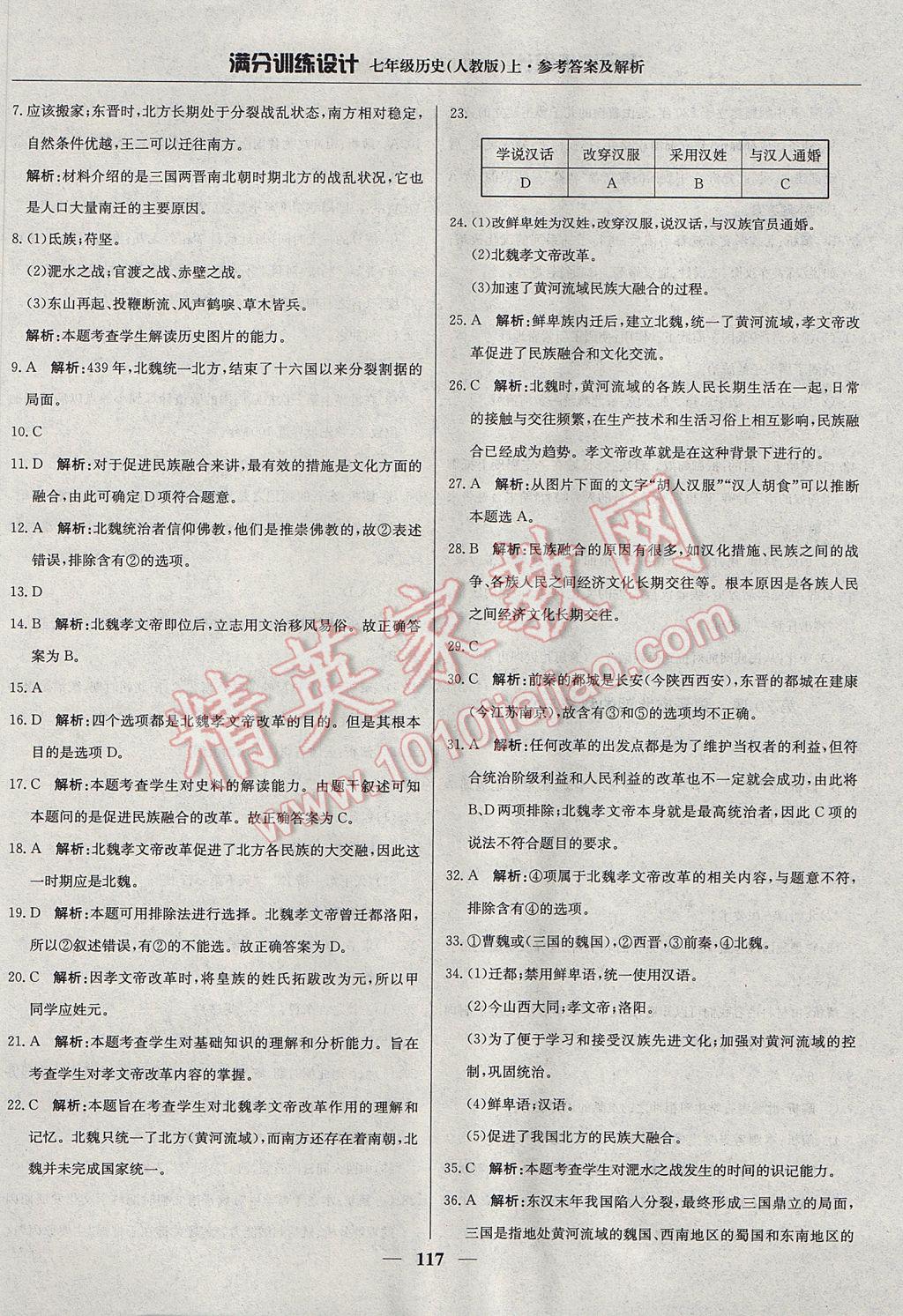 2017年滿分訓(xùn)練設(shè)計七年級歷史上冊人教版 參考答案第22頁