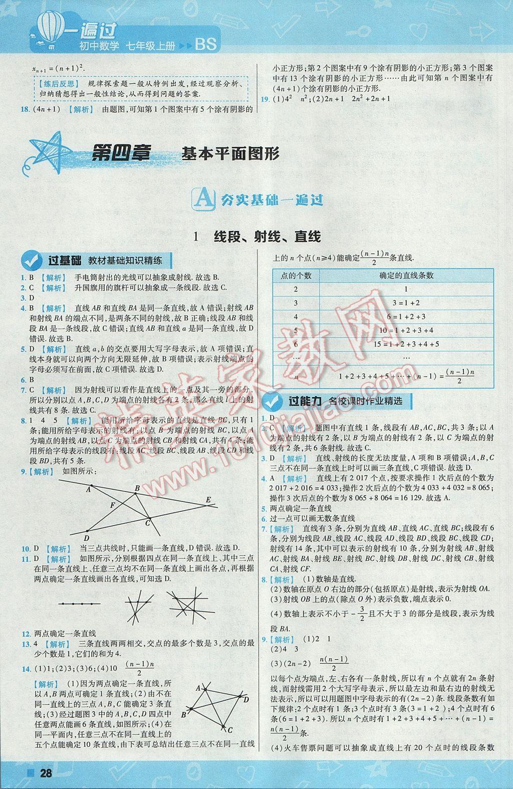 2017年一遍过初中数学七年级上册北师大版 参考答案第28页