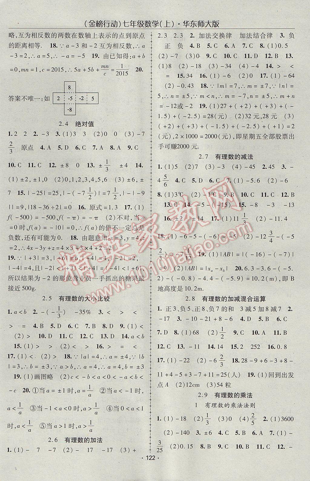 2017年金榜行動(dòng)課時(shí)導(dǎo)學(xué)案七年級數(shù)學(xué)上冊華師大版 參考答案第2頁