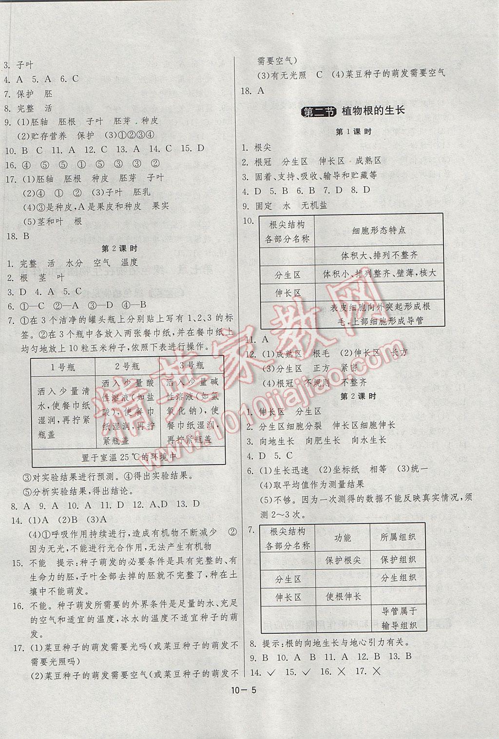 2017年1课3练单元达标测试七年级生物学上册苏教版 参考答案第5页