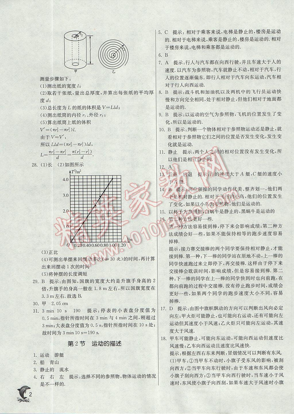 2017年實(shí)驗(yàn)班提優(yōu)訓(xùn)練八年級物理上冊人教版 參考答案第2頁