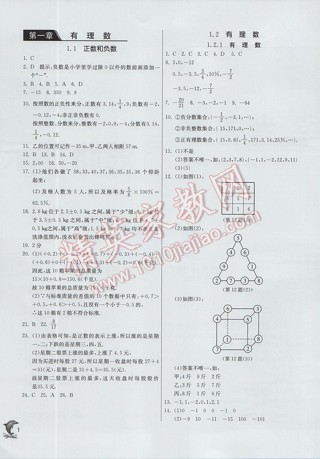 2017年實驗班提優(yōu)訓(xùn)練七年級數(shù)學(xué)上冊人教版 參考答案第1頁