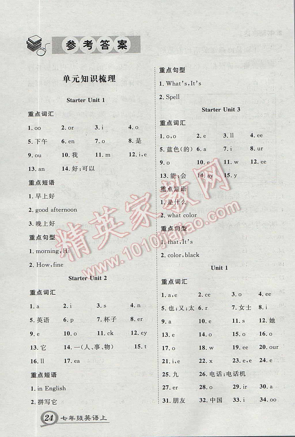 2017年黄冈创优作业导学练七年级英语上册人教版 单元知识梳理与作文备考答案第1页