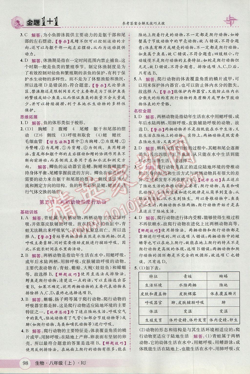 2017年金題1加1八年級生物上冊人教版 參考答案第6頁