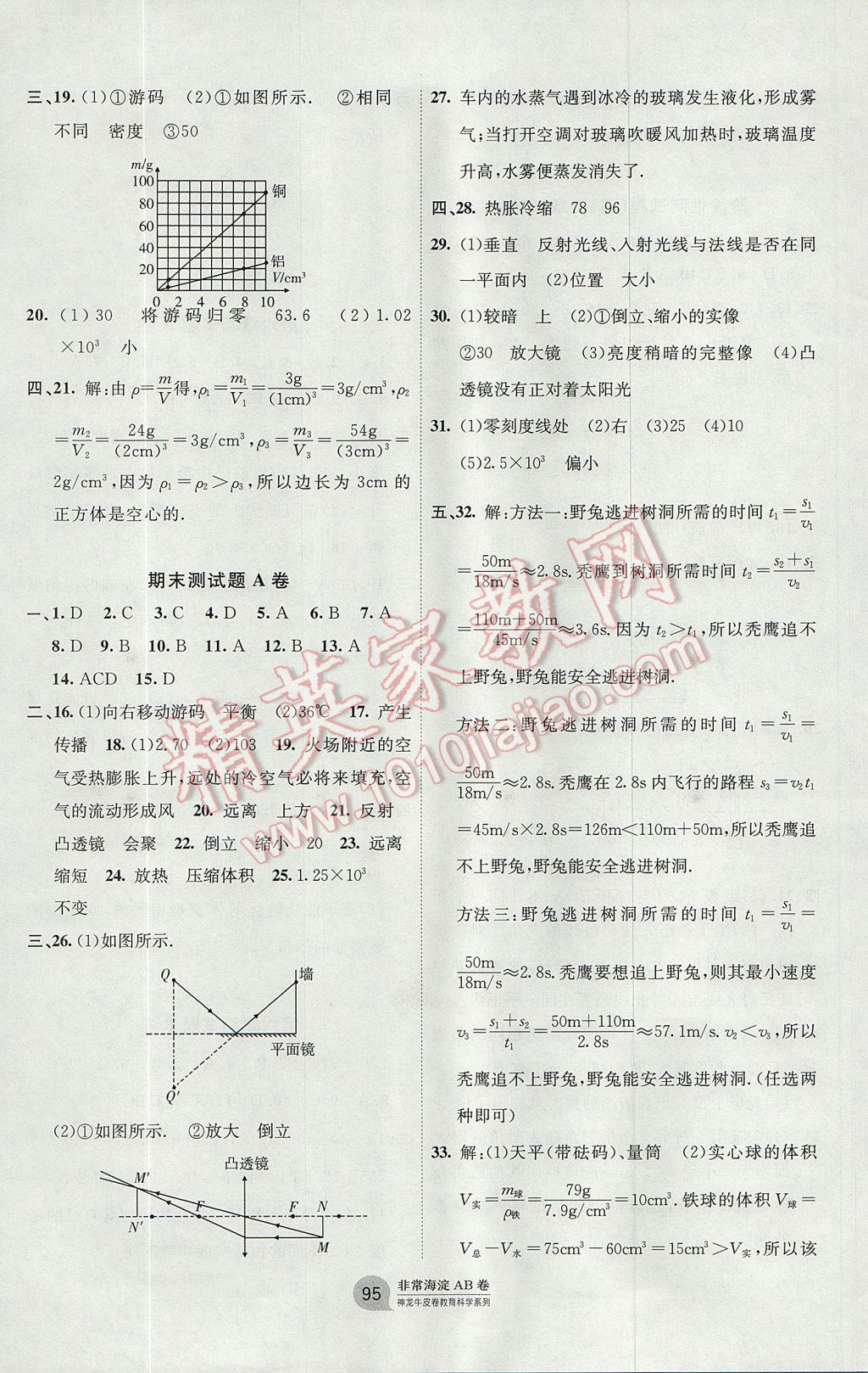 2017年海淀單元測(cè)試AB卷八年級(jí)物理上冊(cè)人教版 參考答案第7頁(yè)