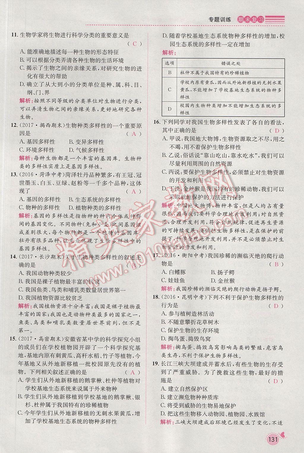 2017年思路教練同步課時作業(yè)八年級生物上冊人教版 期末復習專題訓練第14頁