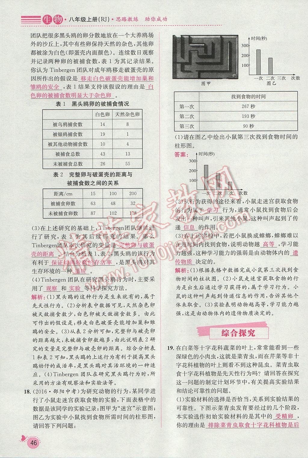 2017年思路教练同步课时作业八年级生物上册人教版 第五单元第69页