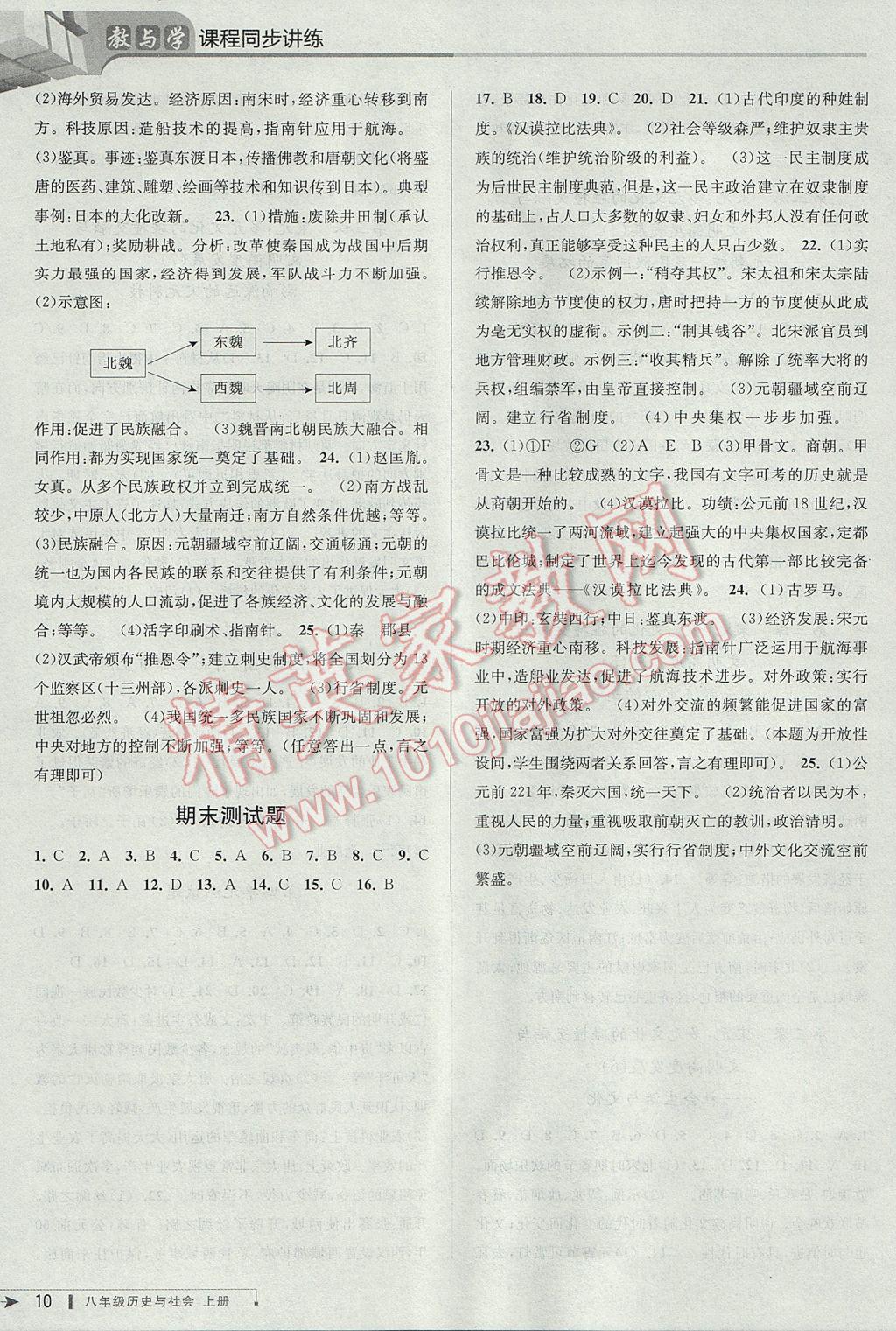 2017年教与学课程同步讲练八年级历史与社会上册人教版 参考答案第10页