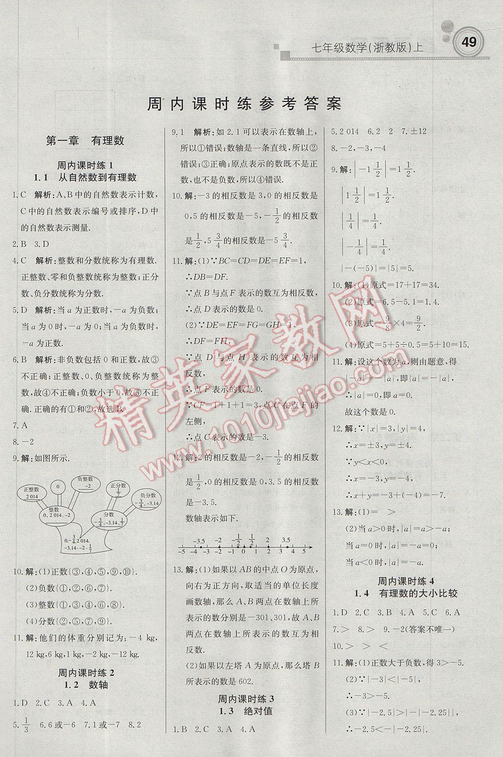 2017年輕巧奪冠周測月考直通中考七年級數(shù)學(xué)上冊浙教版 參考答案第1頁