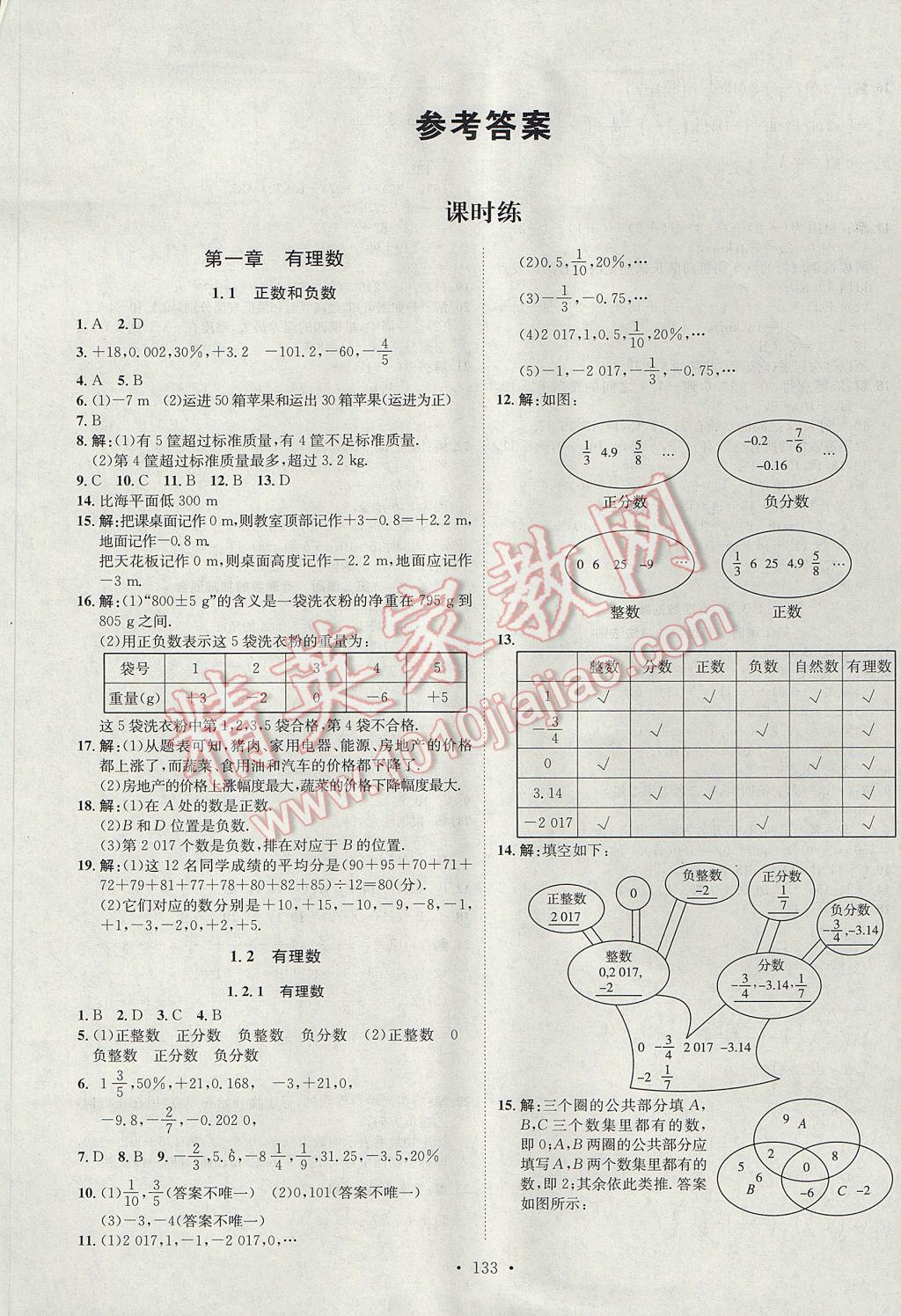 2017年思路教练同步课时作业七年级数学上册人教版 参考答案第1页