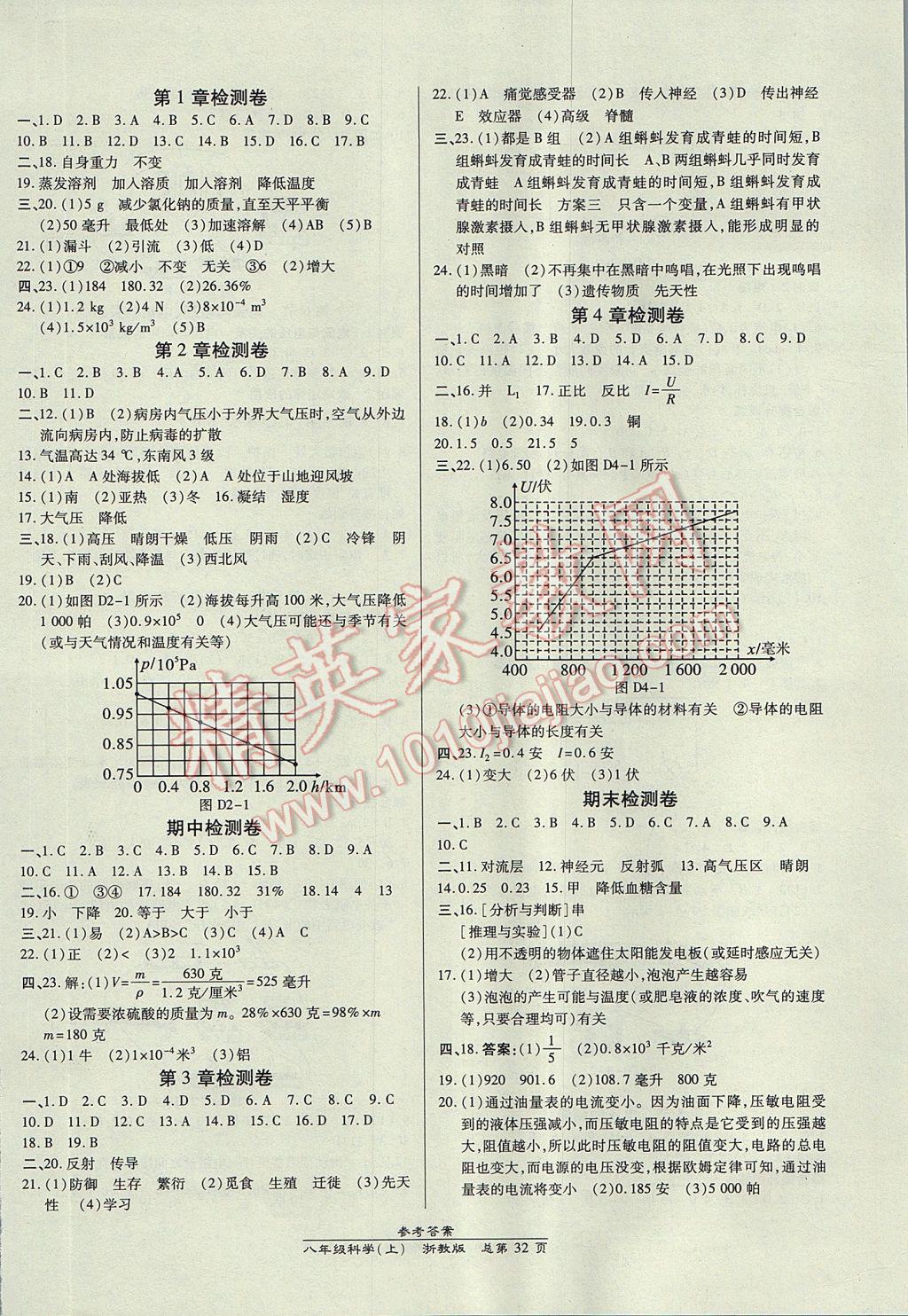 2017年高效课时通10分钟掌控课堂八年级科学上册浙江专版 参考答案第8页