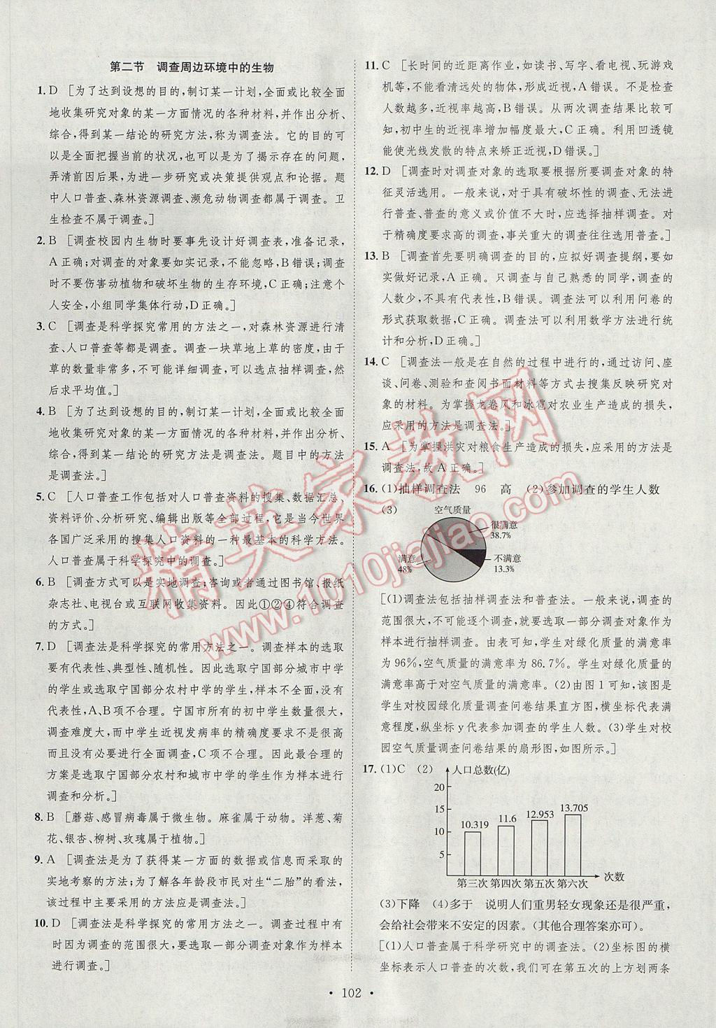 2017年思路教练同步课时作业七年级生物上册人教版 参考答案第2页