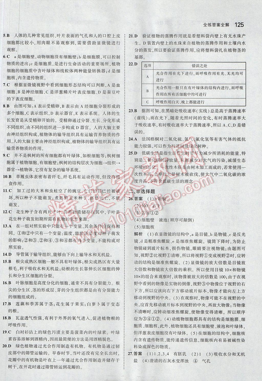 2017年5年中考3年模擬初中生物七年級(jí)上冊(cè)蘇教版 參考答案第33頁(yè)