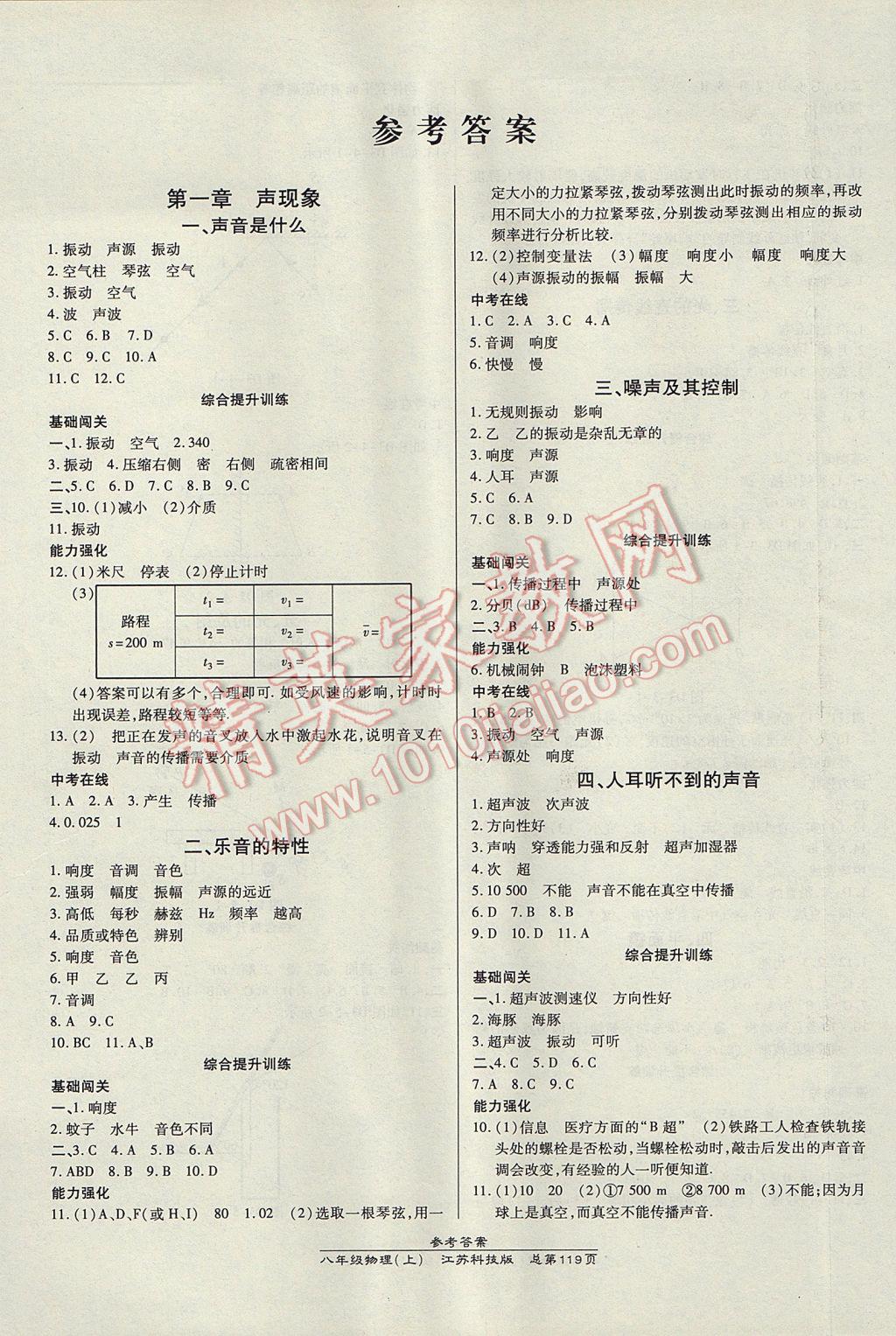 2017年高效课时通10分钟掌控课堂八年级物理上册苏科版 参考答案第1页