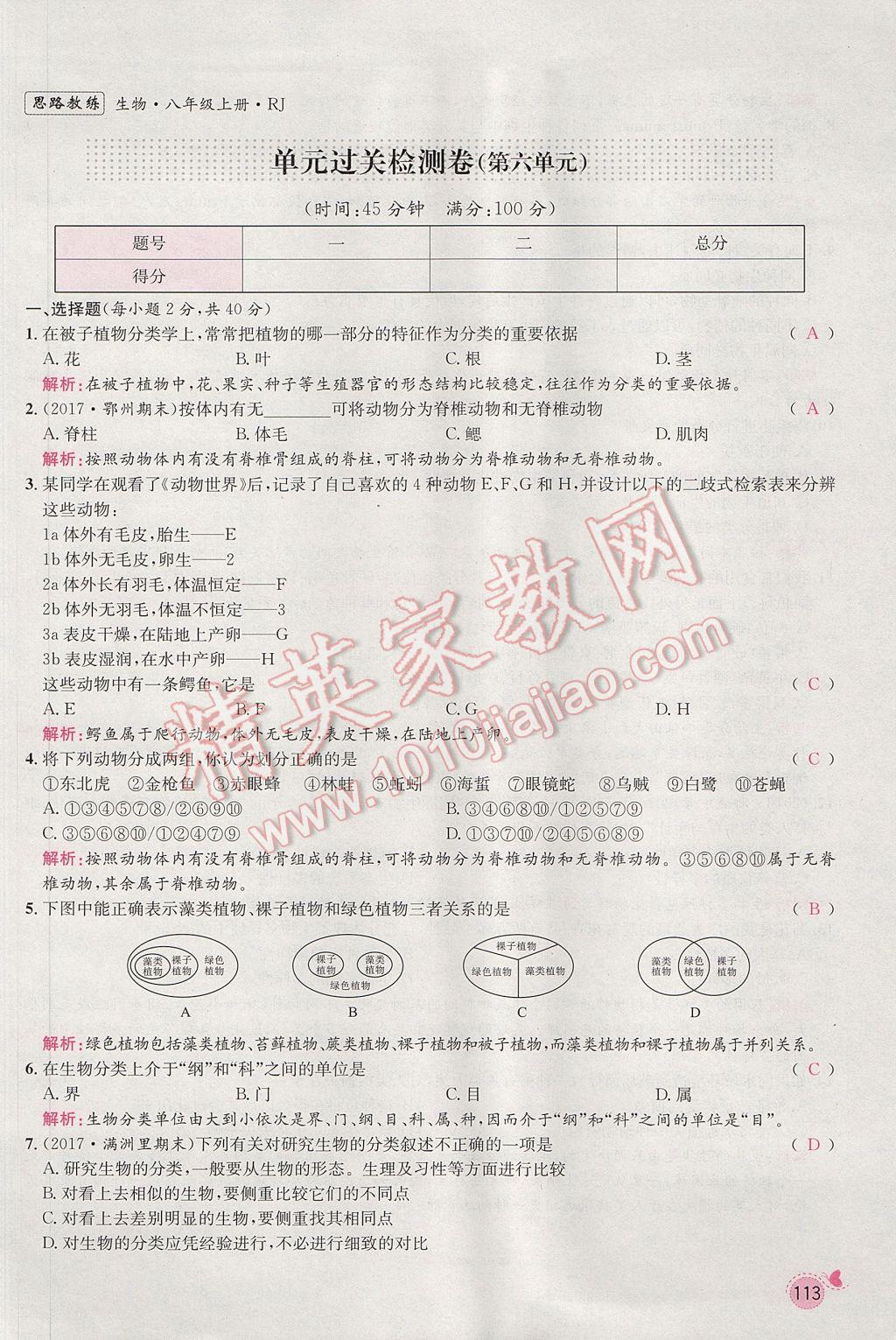 2017年思路教練同步課時(shí)作業(yè)八年級(jí)生物上冊(cè)人教版 第六單元第136頁