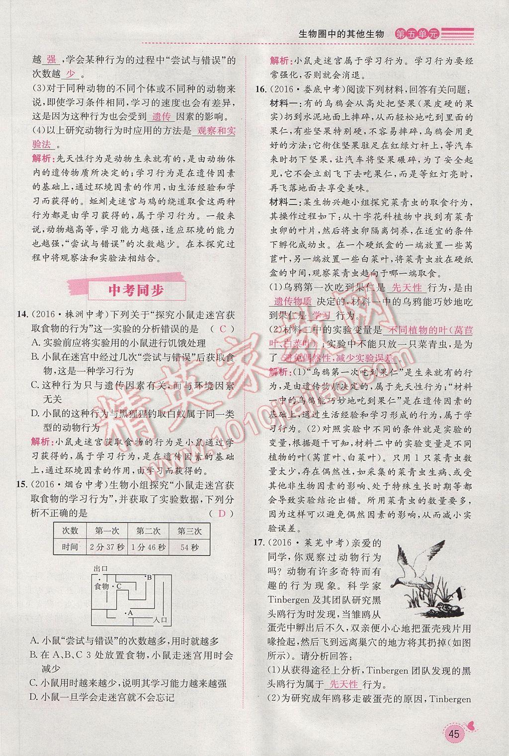 2017年思路教练同步课时作业八年级生物上册人教版 第五单元第68页