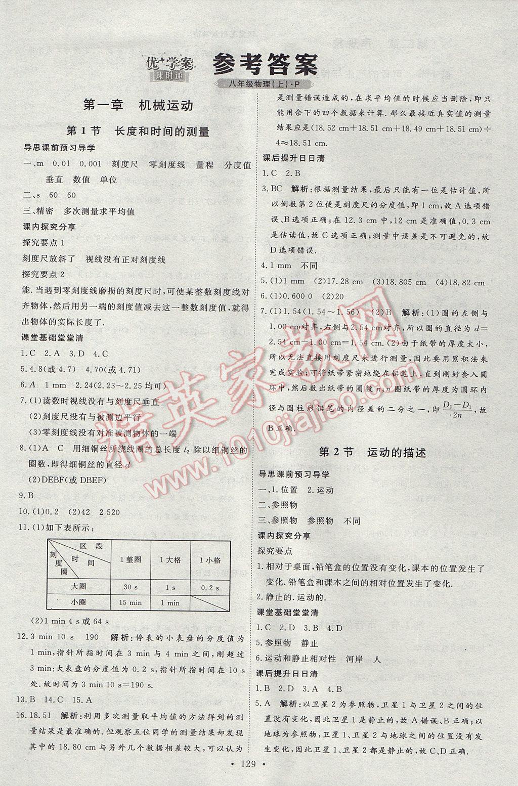 2017年优加学案课时通八年级物理上册P版 参考答案第1页