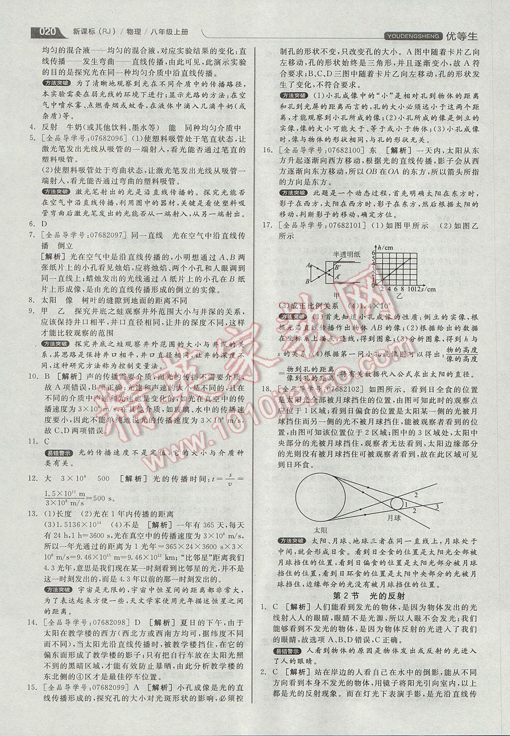 2017年全品优等生同步作业加专题训练八年级物理上册人教版 参考答案第20页