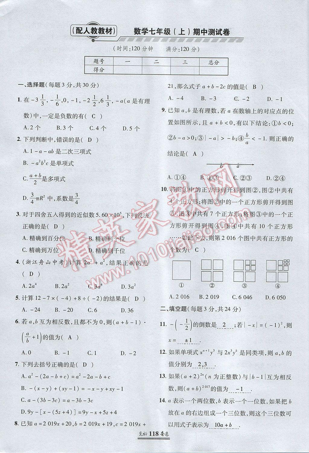 2017年見證奇跡英才學(xué)業(yè)設(shè)計(jì)與反饋七年級數(shù)學(xué)上冊人教版 測試卷第9頁