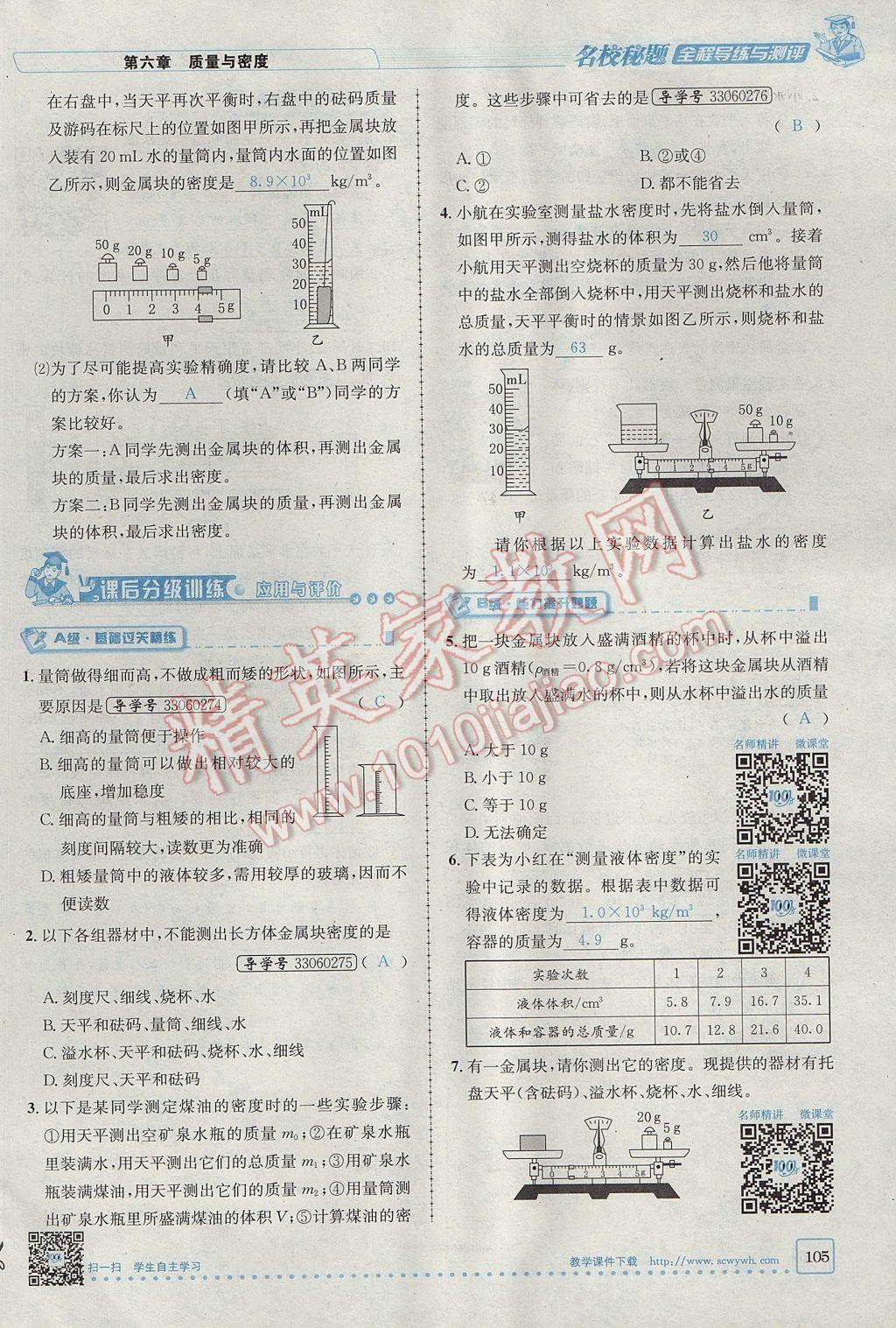 2017年名校秘题全程导练八年级物理上册人教版 第六章 质量与密度第87页