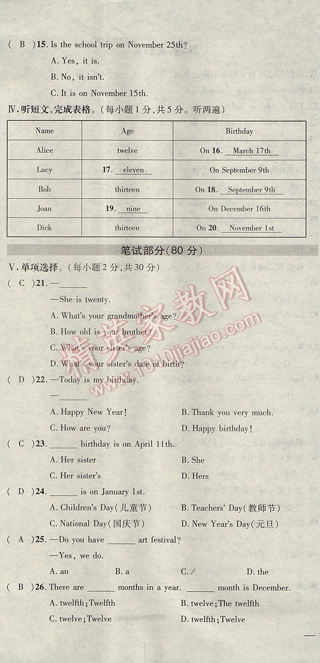 2017年名校秘题全程导练七年级英语上册人教版 达标检测卷第205页