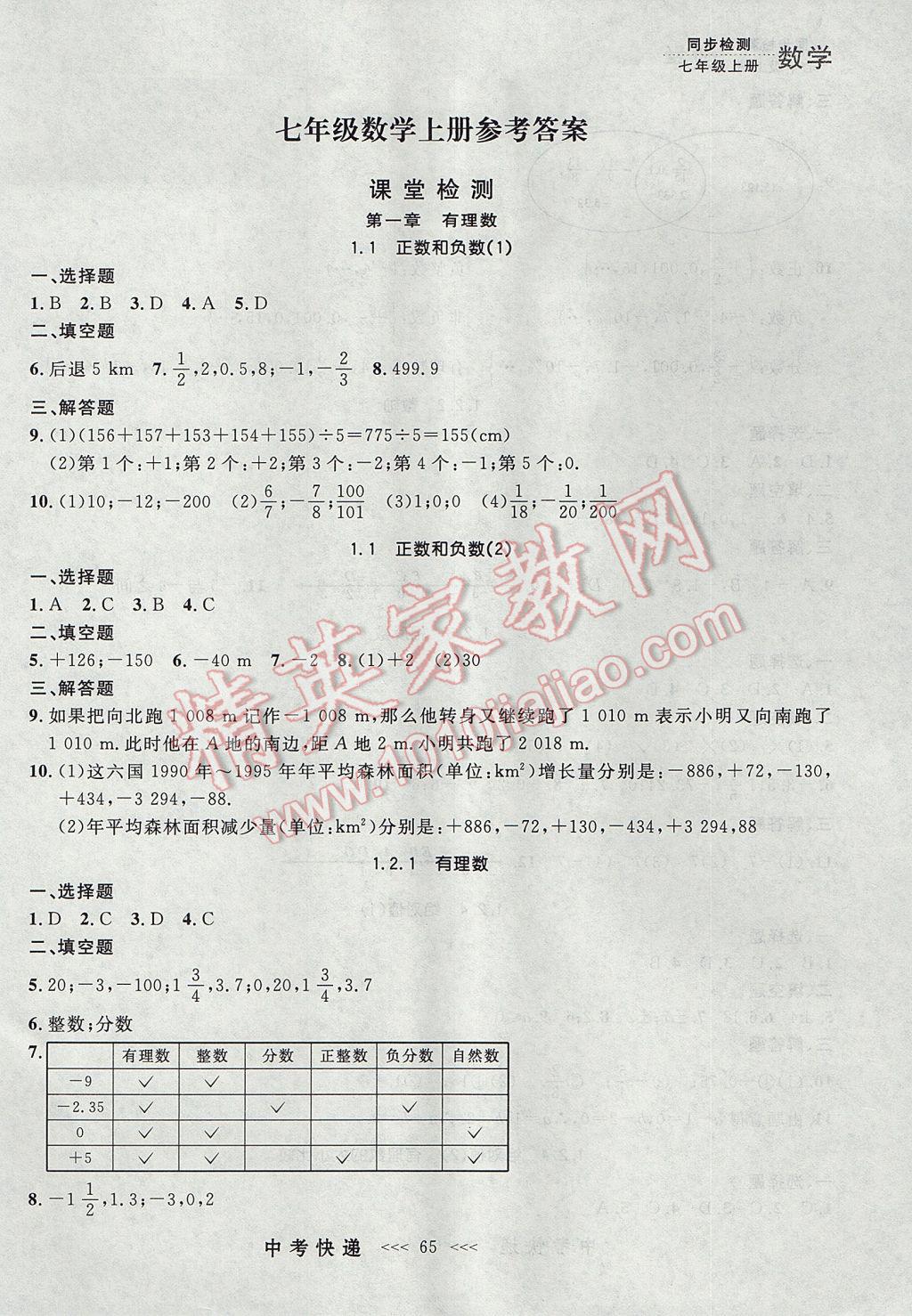 2017年中考快递同步检测七年级数学上册人教版大连专用 参考答案第1页