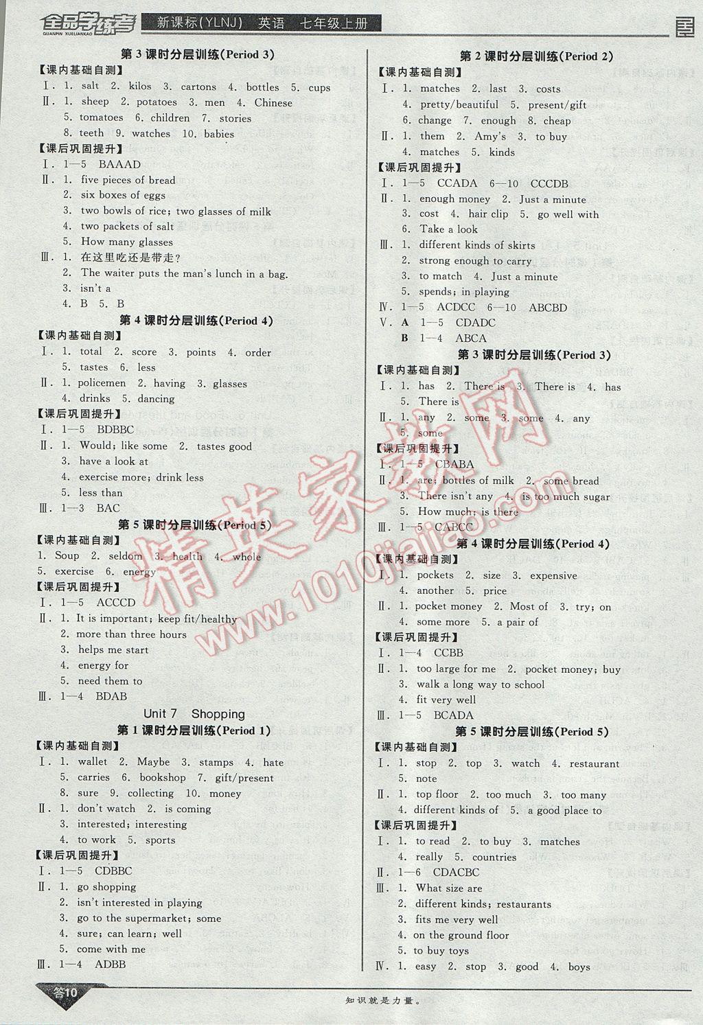 2017年全品学练考七年级英语上册译林牛津版 参考答案第10页